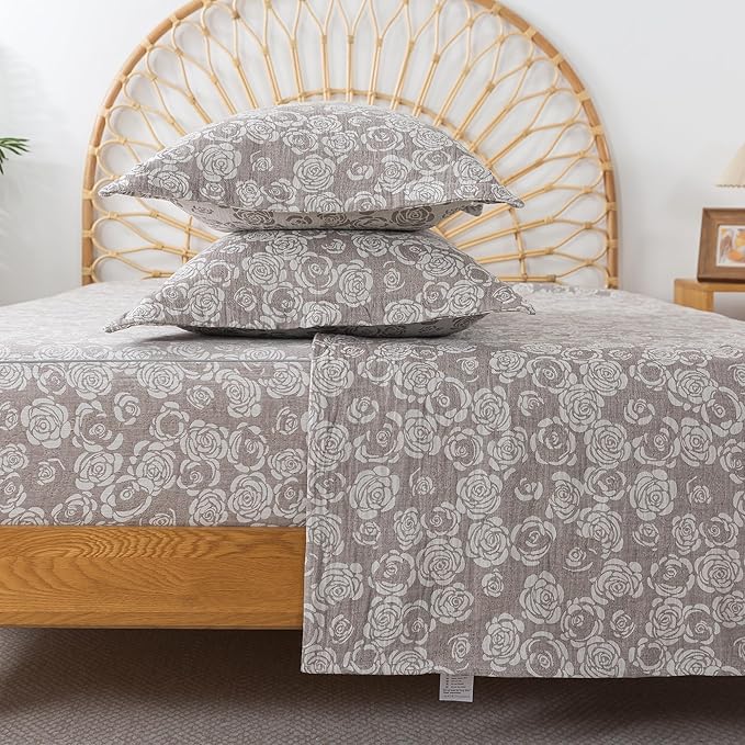 FADFAY Rose Sheets Set Queen Vintage Curry Floral Bedding Shabby Farmhouse Bedding Super Soft Washed Double -Layer Muslin Sheets Luxury 100% Cotton Breathable Deep Pocket Fitted Sheet 4Pc, Queen Size