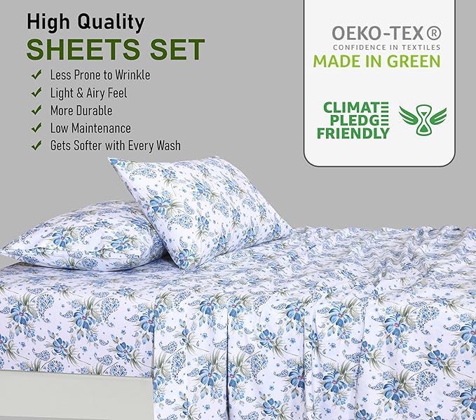 RUVANTI 100% Cotton Twin XL Sheet Sets, 3 Pieces, Soft & Breathable Percale Weave Bedding, Deep Pocket 16", Hotel Standard, Crisp Cool Feel, Durable, Perfect Size Floral Sheets, Paislyona