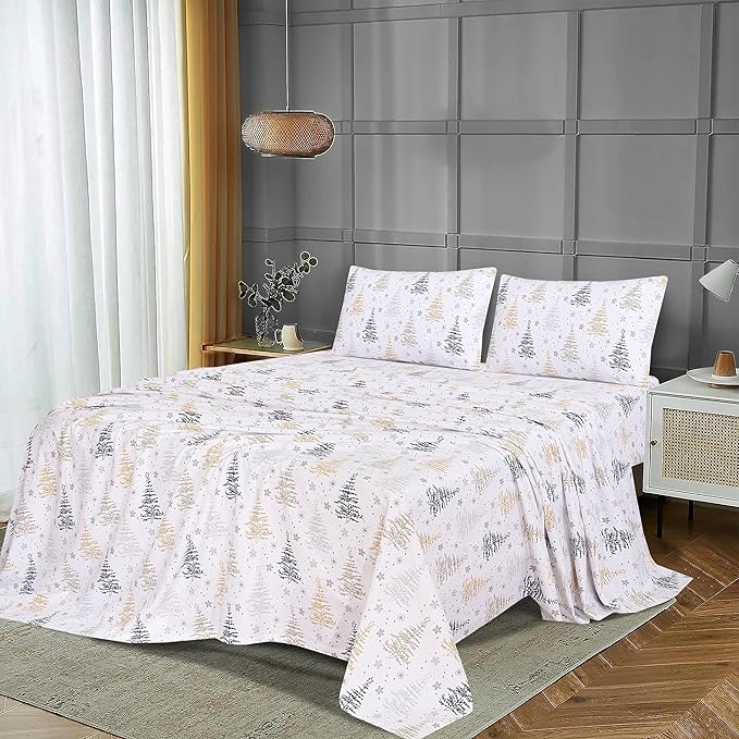 RUVANTI Flannel Sheets California King Size - 100% Cotton Brushed Cal King Bed Sheets Set - Deep Pockets 14 Inches - All Seasons Breathable & Extra Soft - Warm & Cozy, 4 Piece, Christmas Tree