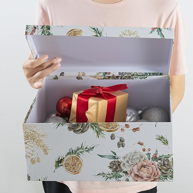 Soul & Lane Christmas Gift Box - Evergreen Ensemble - Set of 3: Holiday Themed Nesting Storage Boxes, Keepsake and Photo Boxes with Lids, Festive Decorative Cardboard Containers for Presents