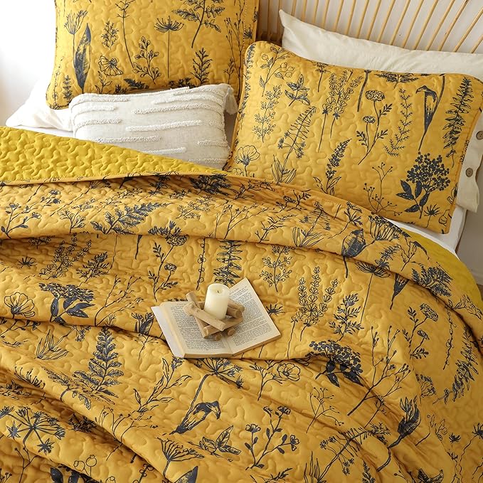 JANZAA Quilts Queen Size Ginger Quilt Botanical with Floral Pattern Microfiber Bedspreads Queen Size 3 Pieces Lightweight Comforter Reversible Bedding Set, 1 Quilt 90x90 inches, 2 Pillowcases