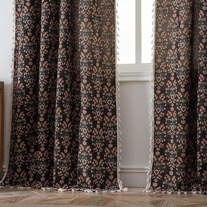 ENJOYBRIDAL Floral 63 Inch Curtains 2 Panel Set Boho Jacquard Drapes Short Black Living Room Semi Sheer Window Curtains Cottagecore Farmhouse Bedroom Chic Decor Rod Pocket Tassel Window Treatments