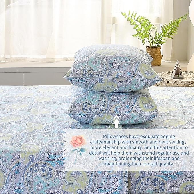 RYNGHIPY Cotton Sheets Floral Print Queen Size Sheet Sets Flower Botanical Pattern Egyptian Cotton Bed Sheets Soft and Breathable Deep Pockets (Blue,Queen Size)