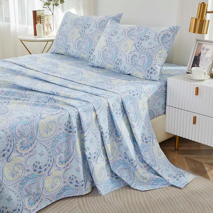 Brandream King Size Sheet Set Luxury Floral Boho Medallion Blue Paisley Bedding Collections 800 Thread Count 100% Egyptian Cotton Deep Pocket, 4 Piece