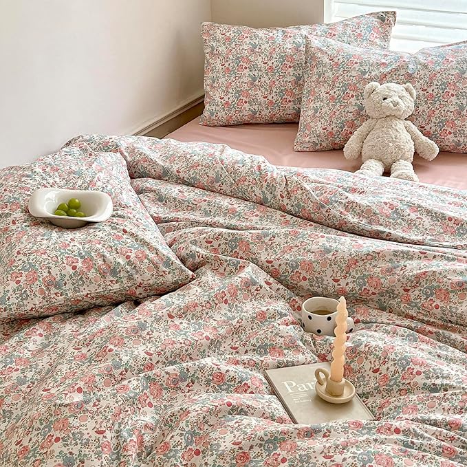 LIFETB Boho Floral Duvet Cover King Soft Cotton Aesthetic Bedding Sets French Style Pink Blue Flower Branches Chic Shabby Garden Comforter Botanical Size King(104/ inchsx90/ inchs)