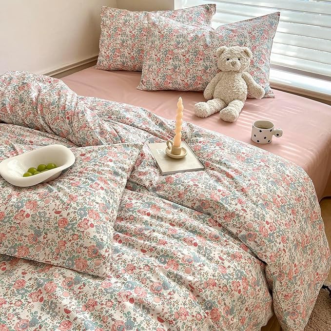 Vintage Floral King Size Comforter Set Fluffy Soft Girl Pink Floral Bedding Comforter French Style Aesthetic Flowers Botanical Comforter with 2 Pillowcases Farmhouse Boho Comforter Set King Comfy Soft