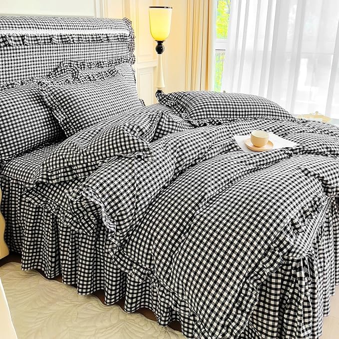 LifeTB Twin XL Comforter Set Black Gingham Comforter with 2 Pillowcases Vintage Ruffle Plaid Comforter Set Grid Bedding Checkered Pattern Comforter Fluffy Soft Plaid Gingham Bedding Set Twin XL