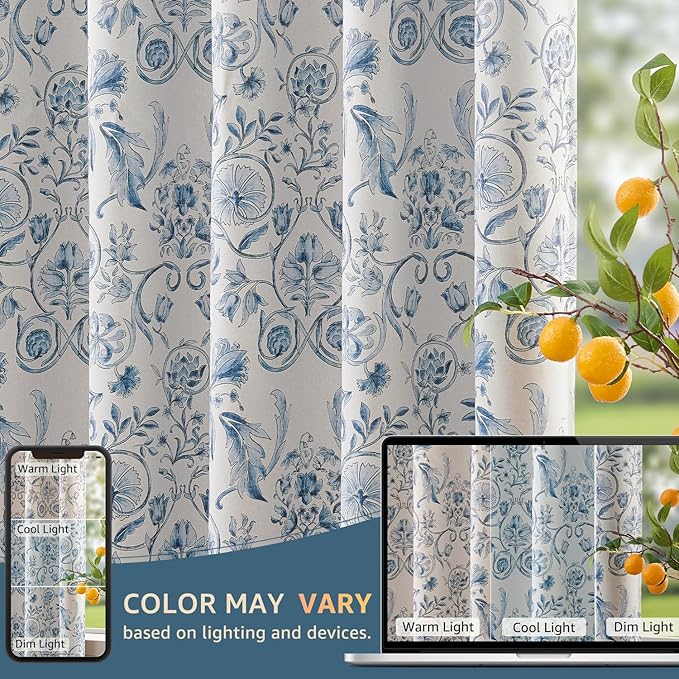 jinchan Floral Blackout Curtains for Bedroom Living Room 84 Inches Length Farmhouse Curtains Room Darkening Vintage Drapes Traditional Rod Pocket Window Treatment 2 Panels Set Blue on Beige
