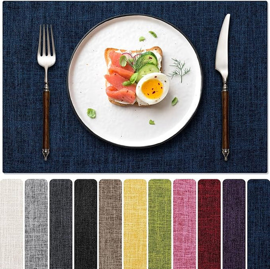 Blue Forest Placemats Set of 4, Dual-Layered Thickened Faux Linen Cloth Place Mats Heat Resistant Machine Washable Wrinkle Free Table Mats Indoor/Outdoor (Navy Blue)