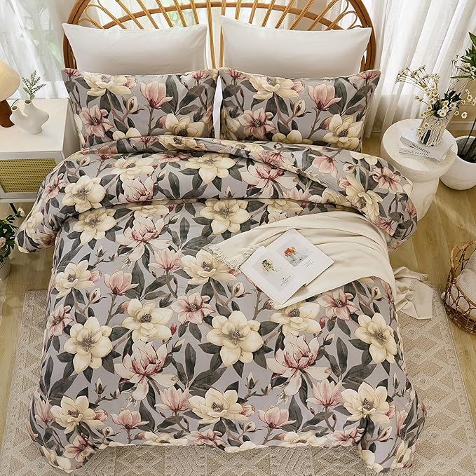 Bedding_Dreamer Floral Comforter Set King, 100% Cotton, Elegant Flowers Botanical Bedding Set Colorful Watercolor Cute Flower and Leaves Shabby Chic Cottage, 3 Pcs