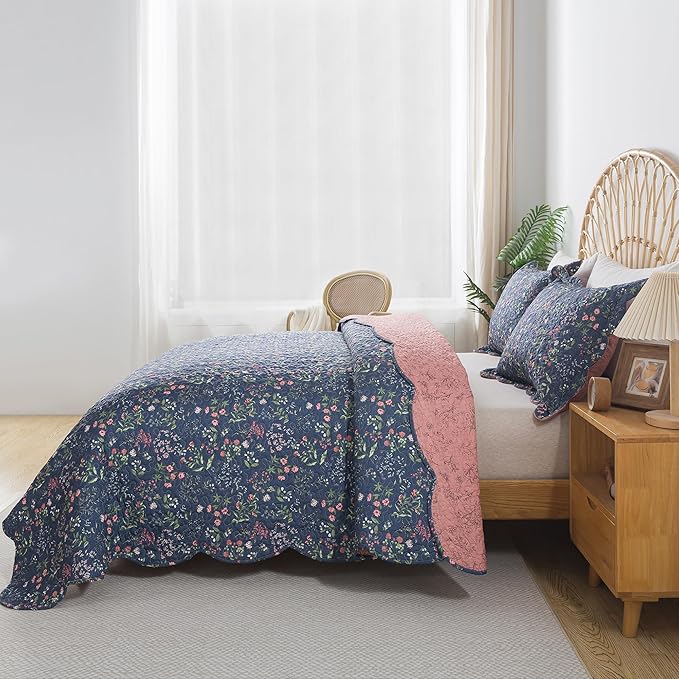 HoneiLife Floral Quilts King Size - Microfiber Coverlets 3-Piece,Lightweight Bed Cover King Quilt Bedding Set All Season Quilts-Flower Sea