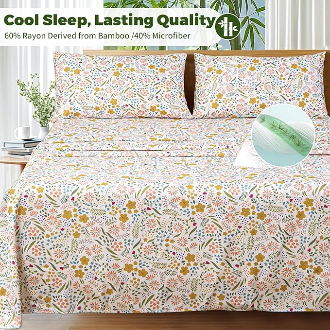 Bedlifes Extra Deep Pocket 18-24" King 4-Piece Sheet Set - Cooling Sheets Blend Rayon Derived from Bamboo Soft & Breathable,Featuring Floral