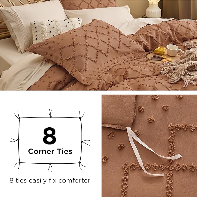 Bedsure Boho Duvet Cover Queen Size,Burnt Orange Breathable & Soft Boho Bedding,Machine Washable Comforter Cover for All Seasons, Includes 1 Duvet Cover 90"x90" with 2 Pillow Shams & Zipper Closure