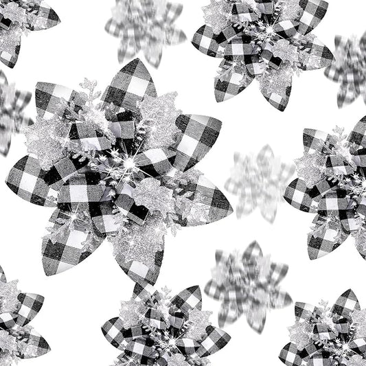 24 Christmas Glitter Artificial Poinsettia Flowers Xmas Poinsettia Artificial Wedding Flowers Decorations Xmas Tree Ornaments with Clips for Party Favors, 6 Inch, 4 Inch, 3 Inch (Black White, Silver)