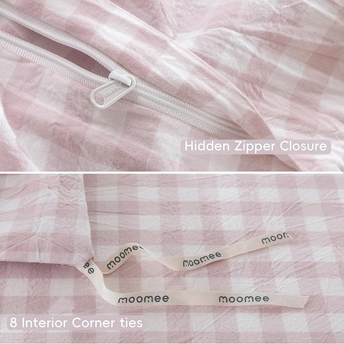 MooMee Gingham Duvet Cover Set 100% Washed Cotton Linen Like Textured Breathable Durable Soft Comfy Modern Checkered Design (Classic Gingham Greyish Pink, Twin 68"x90")