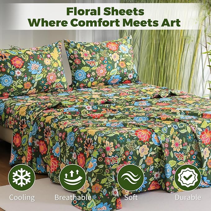 Bedlifes Extra Deep Pocket 18-24" King 4-Piece Sheet Set - Cooling Sheets Blend Rayon Derived from Bamboo Soft & Breathable Floral Dark Green