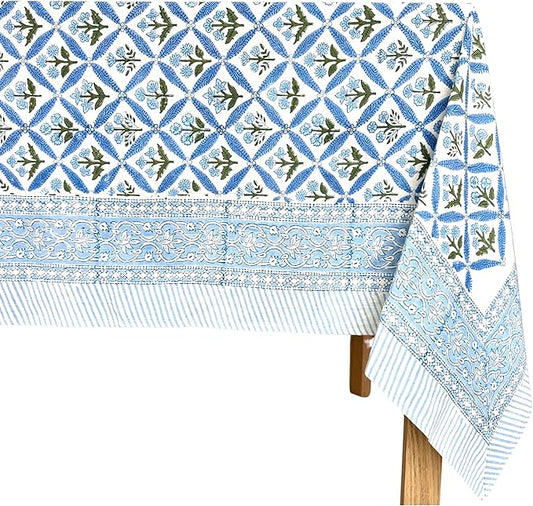 ATOSII Netta Blue 100% Cotton Rectangle Summer Tablecloth, Handblock Floral Print Linen Table Cloth for Kitchen Dining I Parties, Weddings, Outdoors, Decor 60 X 108 Inches, 8 Seater
