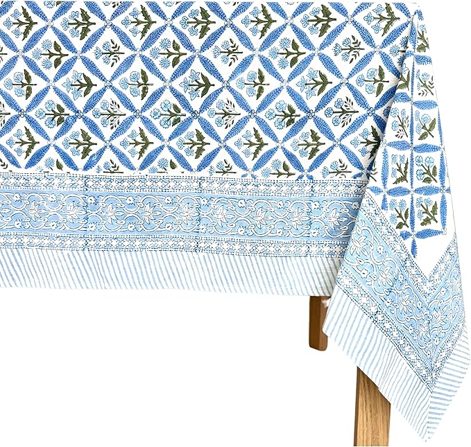 ATOSII Netta Blue 100% Cotton Rectangle Boho Fall Tablecloth, Handblock Floral Table Cloth Linen for Kitchen Dining I Parties Wedding Outdoors Farmhouse Grandmillennial I 72 X 108 Inches I 8 Seater