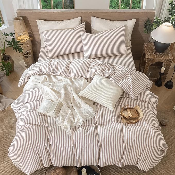 MooMee Striped Duvet Cover Set 100% Washed Cotton Linen Like Textured Breathable Durable Soft Comfy (Orange Classic Stripes, Oversized Queen 98"x98")