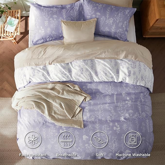 Bedsure Duvet Cover King Size - Reversible Lilac Purple King Duvet Cover Set with Zipper Closure, 3 Pieces Floral Patterned Bedding Set with 8 Corner Ties and 2 Pillow Shams
