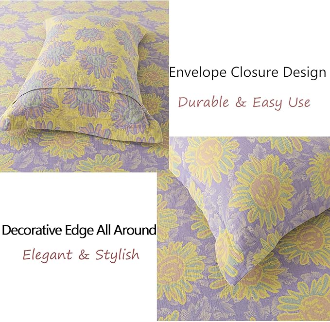 FADFAY Sunflower Sheets Set King Vintage Yellow Purple Floral Bedding Shabby Farmhouse Bedding Super Soft Washed Double -Layer Muslin Sheets 100% Cotton Deep Pocket Fitted Sheet 4Pcs, King Size