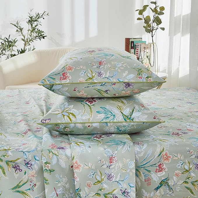 Brandream Garden Style Butterfly Floral Bedding Elegant Watercolor Painting Farmhouse King Size Bed Sheets Set Luxury Bedding Collections 800TC 100% Egyptian Cotton Deep Pocket, 4Pc Green