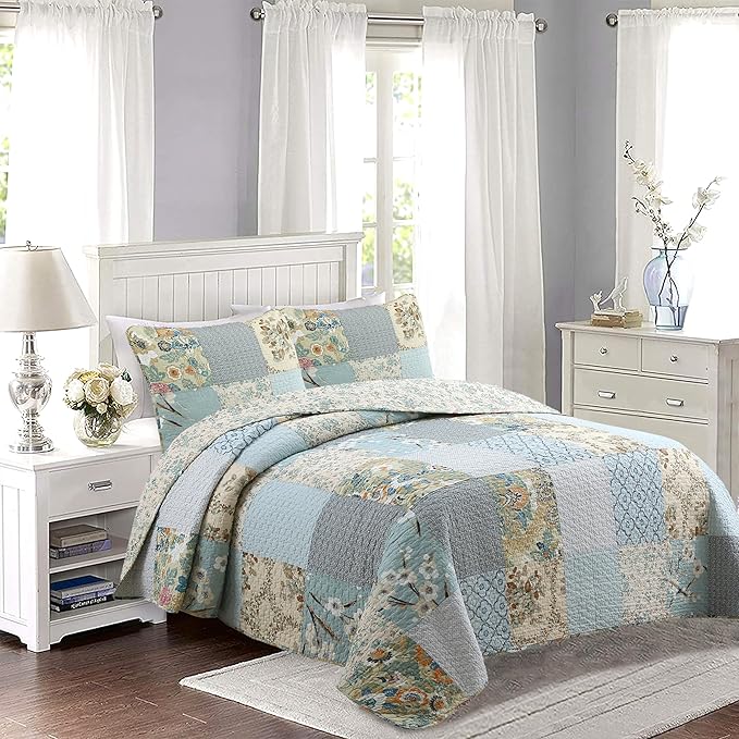 Cozy Line Home Fashions 100% Cotton Classic Patchwork Bedding Quilt Set, Blue Gray Teal Taupe Bohemian Style Reversible Bedspread Coverlet (Carolina Bloom, Queen - 3 Piece)