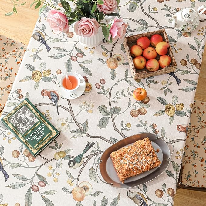 Linen Table Cloth Rectangle,Wrinkle Resistant French Pink Tablecloth Print with Froal,Decor Stitch Table Cloth for Thanksgiving,Dining Room,Home,Kitchen 55" × 71"-Dewey A