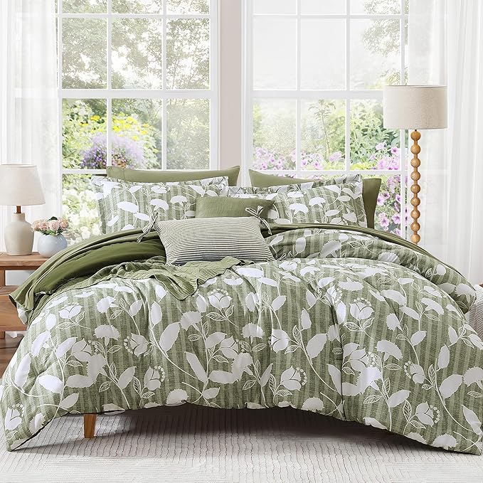Queen Comforter Set -7 Pieces Botanical Olive Green Comforter for All Seasons, Bed in a Bag Queen with Flowers Floral Comforter, Sheets, Pillowcases & Shams