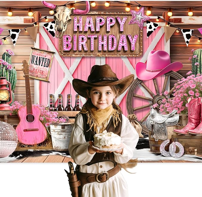 SVBright Western Cowgirl Happy Birthday Backdrop 7Wx5H Pink Barn Door Vintage Rustic Retro Wood Board Cactus Hat Boots Disco Cow Print Decorations Photography Background Banner Photo Booth Studio