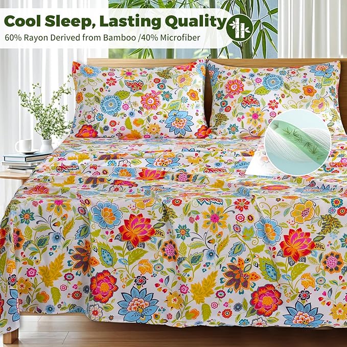Bedlifes Full Floral 4-Piece Sheet Set - Cooling Sheets Blend Rayon Derived from Bamboo,Soft & Breathable, Deep Pocket 16", Wrinkle Resistant - Vibrant Boho Floral Spring Design