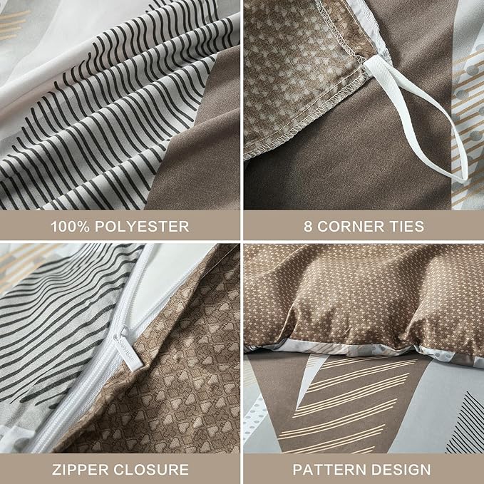 SAPHREAS Dot Stripes Geometric Pattern Duvet Cover Set King Size Microfiber Brown Khaki White Patchwork Bedding Comforter Cover Set 1 Duvet Cover 2 Pillow Shams