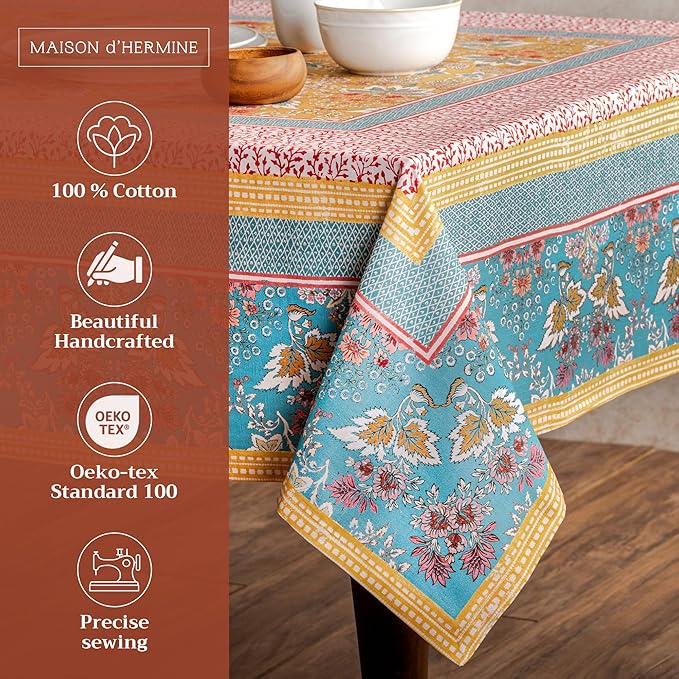 Maison d' Hermine Table Cloth Rectangle Table 100% Cotton 60 x 108 Inches Tablecloth Reusable Decorative Everyday Use for Dining Room, Farmhouse, Home Party, Festive & Wedding Spring Summer - Marquise