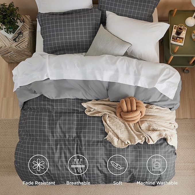 Bedsure Duvet Cover King Size - Reversible Plaid Duvet Cover Set with Zipper Closure, 3 Pieces Dark Grey Bedding Set with 8 Corner Ties and 2 Pillow Shams 20"x36"