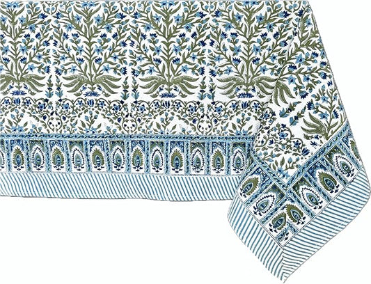 ATOSII Nargis Blue 100% Cotton Rectangle Summer Tablecloth, Indian Block Print Floral Table Cloth I Dining Parties Weddings Outdoors Holidays 60 X 60 Inches 4 Seater I Grandmillennial Farmhouse Boho