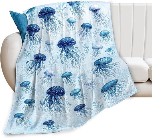 Jellyfish Blanket Marine Life Throw Blanket Blue Ocean Sea Soft Cozy Fleece Sealife Fuzzy Stuffed Plush Animal Flannel Gifts for Girls Women Boys Kids Adults 50"X60"