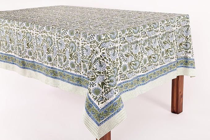 ATOSII Clover Blue 100% Cotton Rectangle Spring Tablecloth, Handblock Floral Linen Table Cloth for Kitchen Dining Table I Parties Weddings Outdoors Easter Home Decor 72 X 120 Inches I 10 Seater