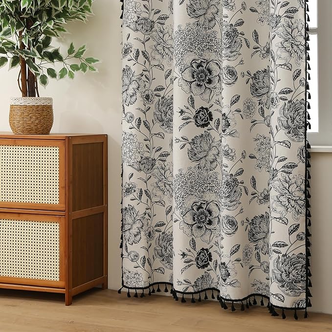 100% Blackout Black Floral Farmhouse Curtains Living Room Thermal Insulated Drapes Elegant Peony Pattern & Tassel Curtains 2 Panels Blocking Curtains for Windows Floral Drapes (52W*63L)