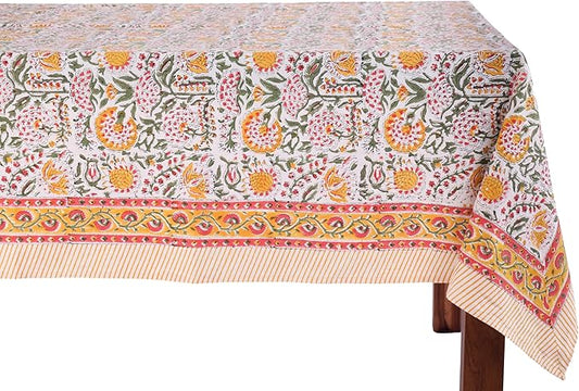 ATOSII Clover Yellow 100% Cotton Rectangle Fall Tablecloth, Handblock Floral Print Linen Table Cloth for Kitchen Dining I Parties, Weddings, Outdoors, Christmas, Thanksgiving Decor 60 X 90 Inches