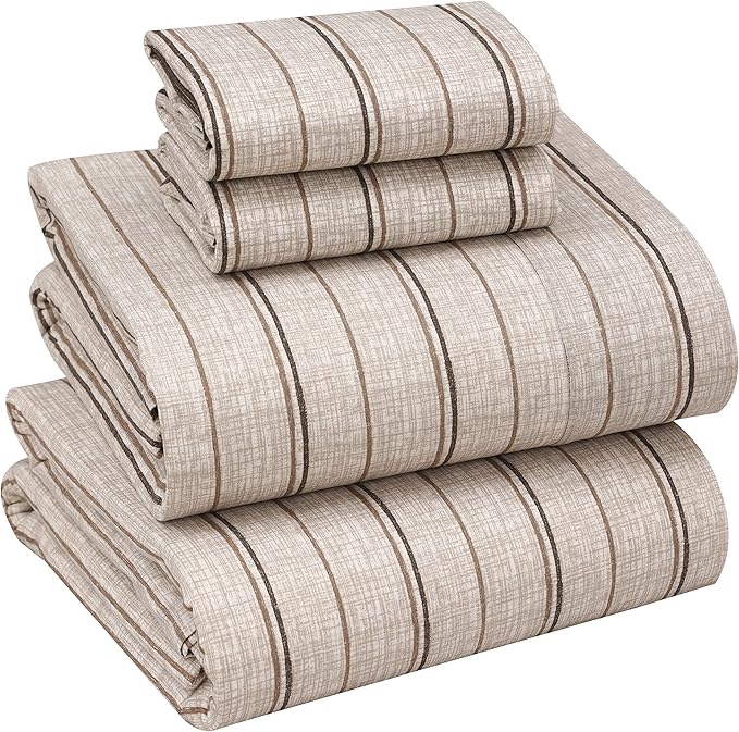 RUVANTI 100% Cotton Sheets Queen Size Set, 4 Pieces, Soft & Breathable Percale Weave Bedding, Deep Pocket 16", Hotel Standard, Crisp Cool Feeling, Durable, Perfect Striped Bed Sheet, Brown Stripes