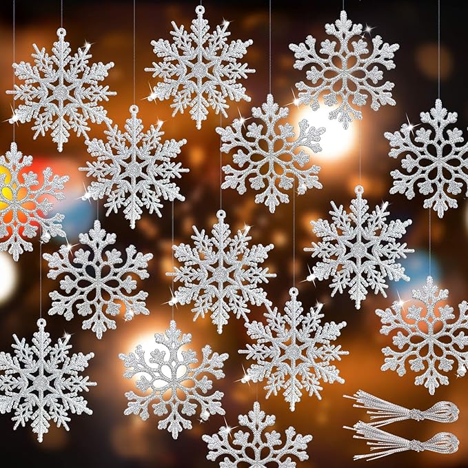 RECUTMS 40 Piece Glitter Snowflake Plastic Ornaments - Silver & White, 4 Inch Snowflake Hanging Decorations for Christmas Tree