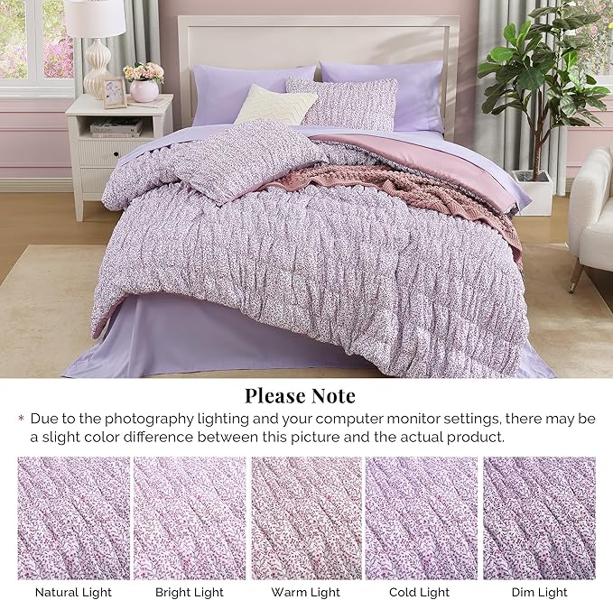 Queen Comforter Set - 7 Pieces Light Purple Puff Floral Bedding Sets for All Seasons, Shabby Chic Farmhouse Bed in a Bag Queen with Wildflowers Fluffy Comforter, Sheets, Pillowcases & Shams