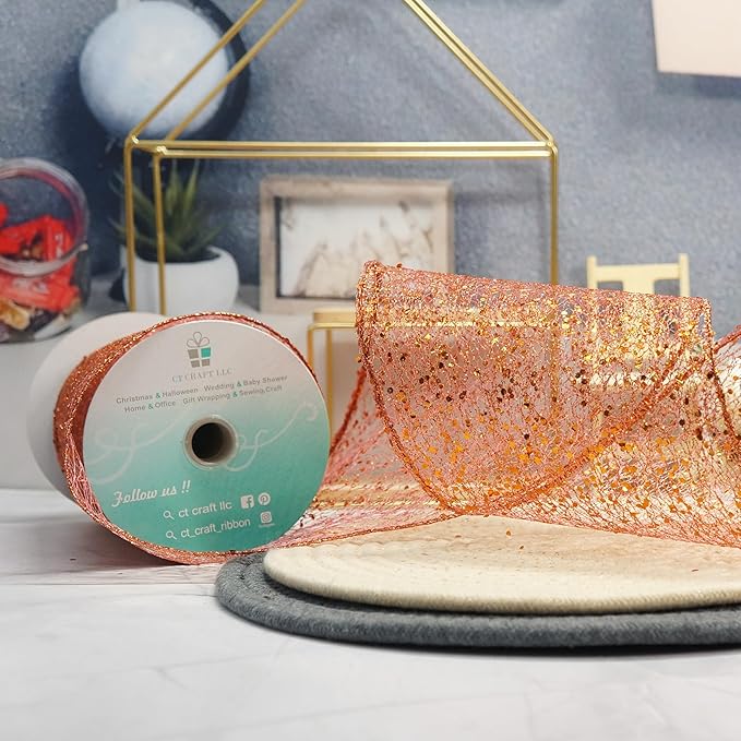 CT CRAFT LLC Sparkling Glitter Mesh Wired Ribbon 4" x 10 Yards Bronze Orange for Christmas Home Decor Bow Gift Wrapping DIY Crafts Wreath