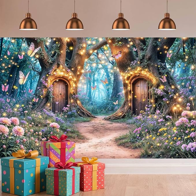 12X10ft Enchanted Forest Backdrop Fairy Enchanted Wonderland Garden Floral Butterfly Photography Background for Kids Girls Baby Shower Birthday Party Decoration Banner Cake Table Photo Booth Props
