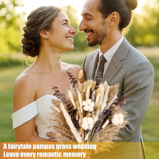 120Pcs Natural Dried Cotton Flower Bouquet - 17'' Boho Pampas Grass, Lavender, Cotton Stems, Bunny Tails, Eucalyptus & Wheat - Rustic Boho Farmhouse Decor for Vase, Wedding, DIY Crafts