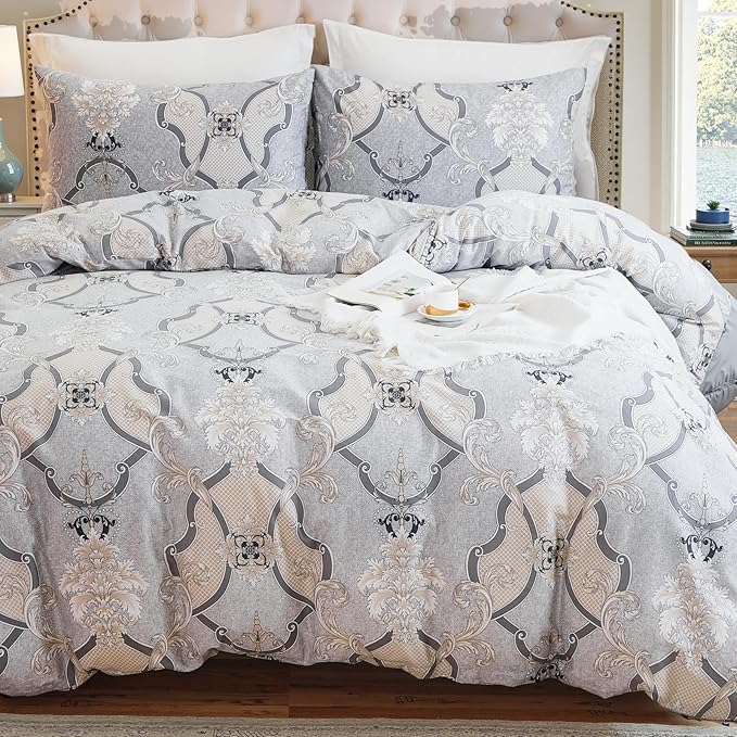 100% Natural Cotton Duvet Cover Set King 3 Pcs Grayish Duvet Cover with Luxurious Damask Pattern, Reversible Breathable Soft Comforter Cover Sets with Zipper Closure All Season