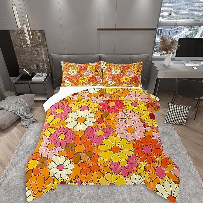 Castle Fairy Bohemian Flowers Twin Size Comforter Set,70s Floral Duvet Set for Kids Boys Bedroom,Hippie Retro Groovy Botanical Soft Microfiber Bedding Comforters,2 Pcs