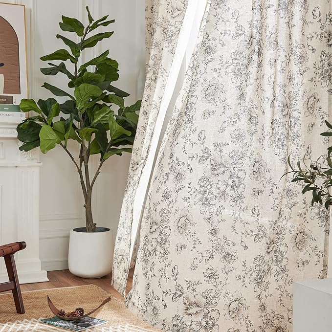 jinchan Linen Floral Curtains 100 Inch Extra Wide for Patio Sliding Glass Door Room Divider Curtain for Living Room 108 Inch Length Farmhouse Peony Black Printed Curtain Set 1 Panel