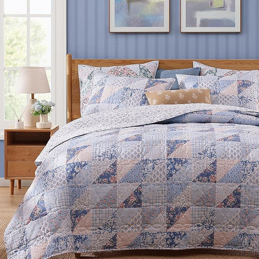 Quilt Set King Size, Patchwork Blue Pink Marigold Floral Quilt Sets, Reversible Bedspread Lightweight and Breathable for All Seasons, Soft Quilted Bedspread with 2 Pillow Shams
