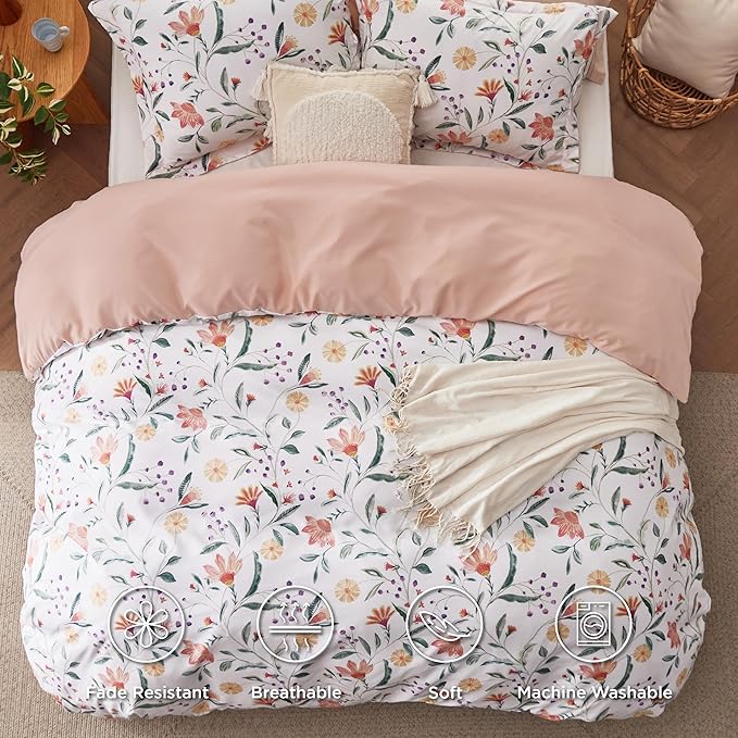 Bedsure Duvet Cover King Size - Reversible Floral Duvet Cover Set with Zipper Closure, 3 Pieces Pale Blush Bedding Set with 8 Corner Ties and 2 Pillow Shams 20"x36"